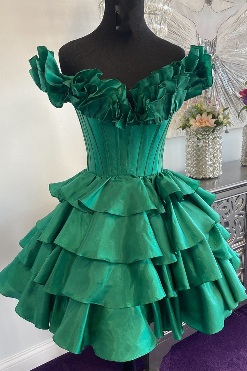 A -Line Off The Shoulder Golden Homecoming Dresses Corset Short Cocktail Dresses with Ruffles