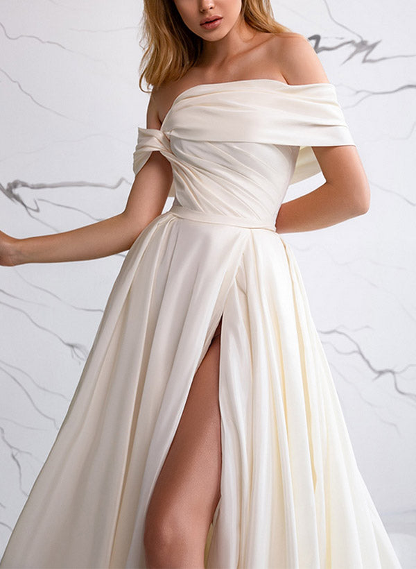 A Line Off The Shoulder Sleeveless Satin Wedding Dress With Front Split