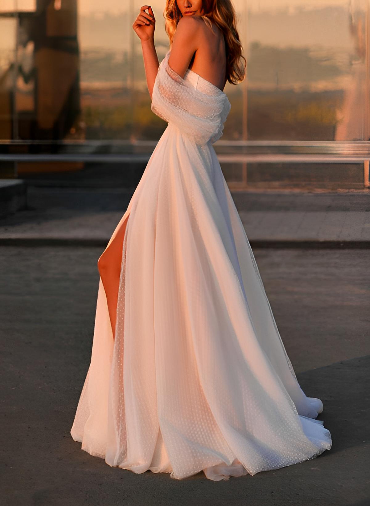 A Line Off The Shoulder Sleeveless Sweep Train Tulle Wedding Dress With Split Front