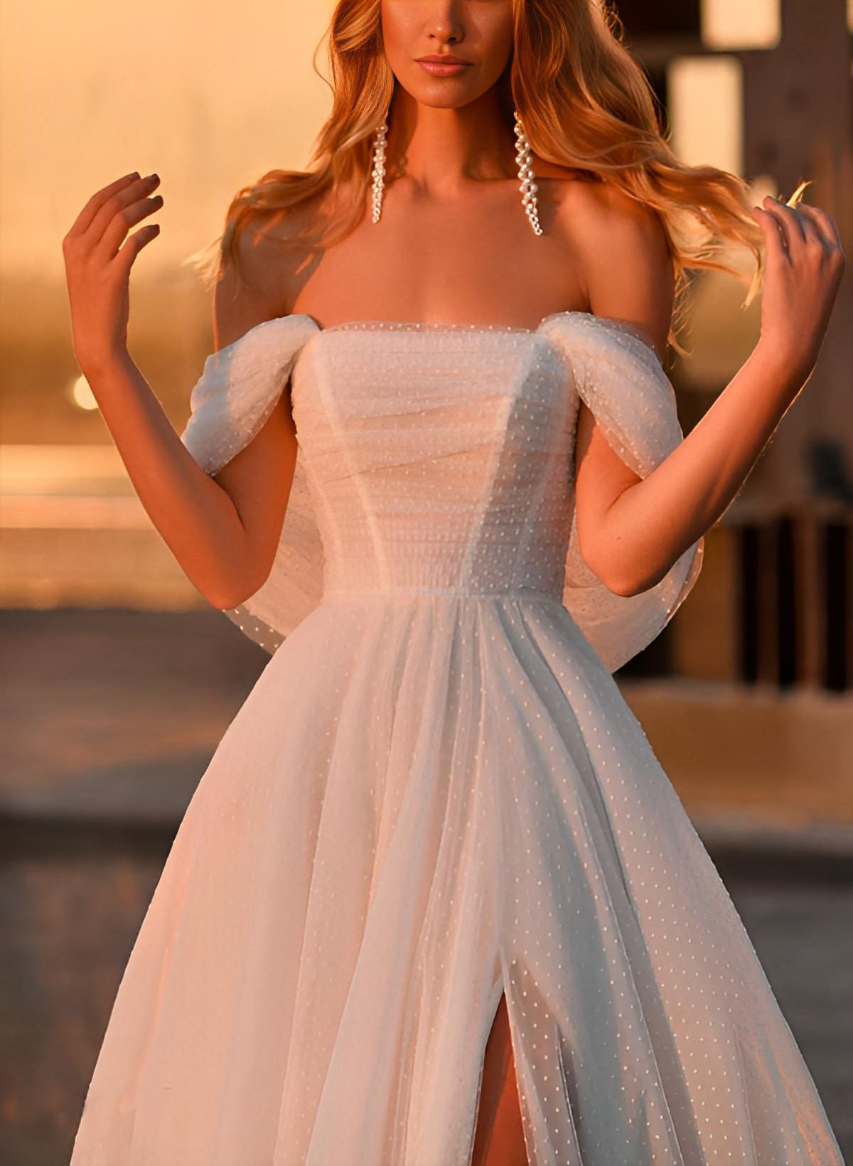 A Line Off The Shoulder Sleeveless Sweep Train Tulle Wedding Dress With Split Front