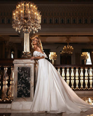A Line Off the Shoulder Lace Satin Floor Length Wedding Dress with Sweetheart Appliques