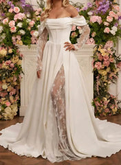 A Line Off the Shoulder Long Sleeves Court Train Lace Wedding Dress with Front Slit