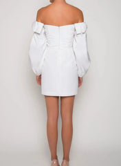 A Line Off the Shoulder Long Sleeves Short Mini Elastic Satin Wedding Dress with Bow