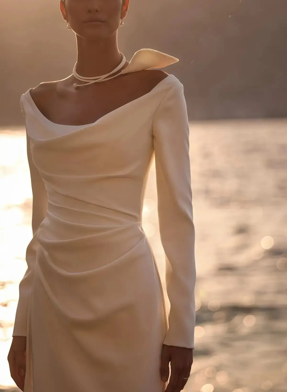 A Line Off the Shoulder Long Sleeves Sweep Train Elastic Satin Wedding Dress