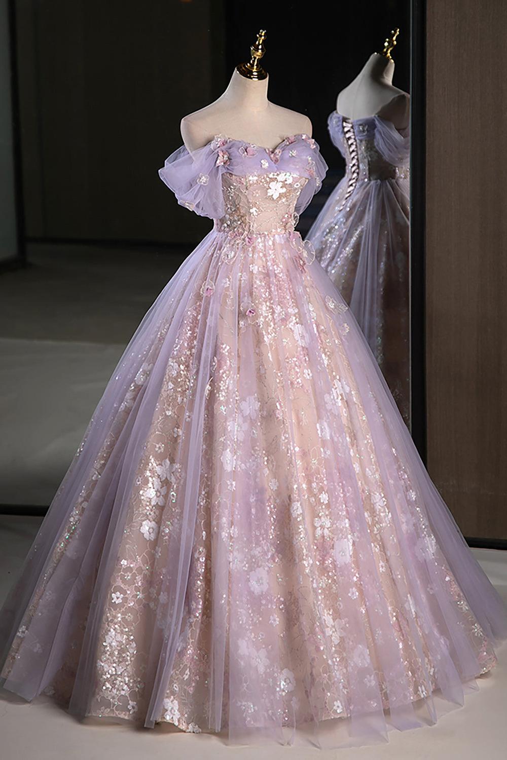 A Line Off the Shoulder Purple Prom Dress Long Sweet 16 Dress Evening Dress