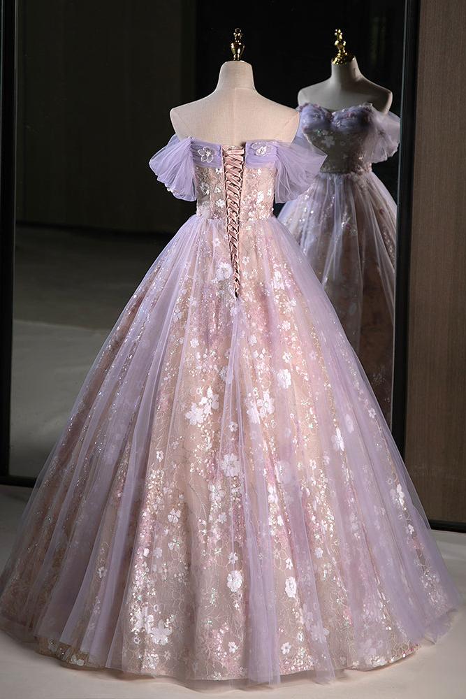 A Line Off the Shoulder Purple Prom Dress Long Sweet 16 Dress Evening Dress