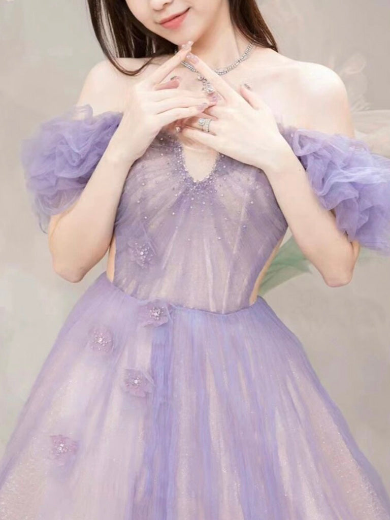 A Line Off the Shoulder Purple Prom Dress Tulle Long Formal Dress Evening Dress