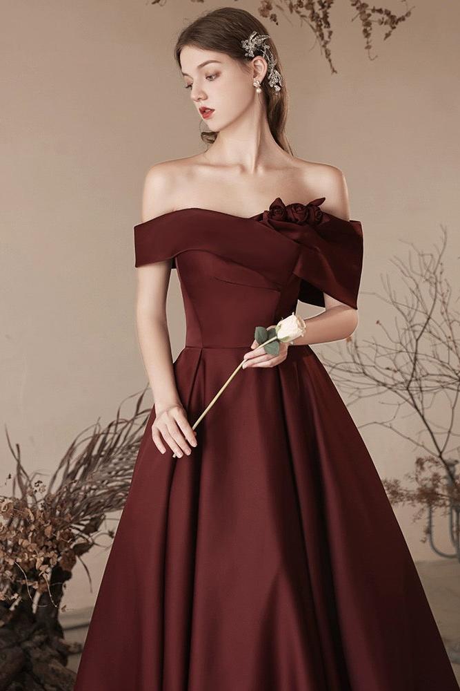 A Line Off the Shoulder Satin Burgundy Prom Dress Long Formal Evening Dress