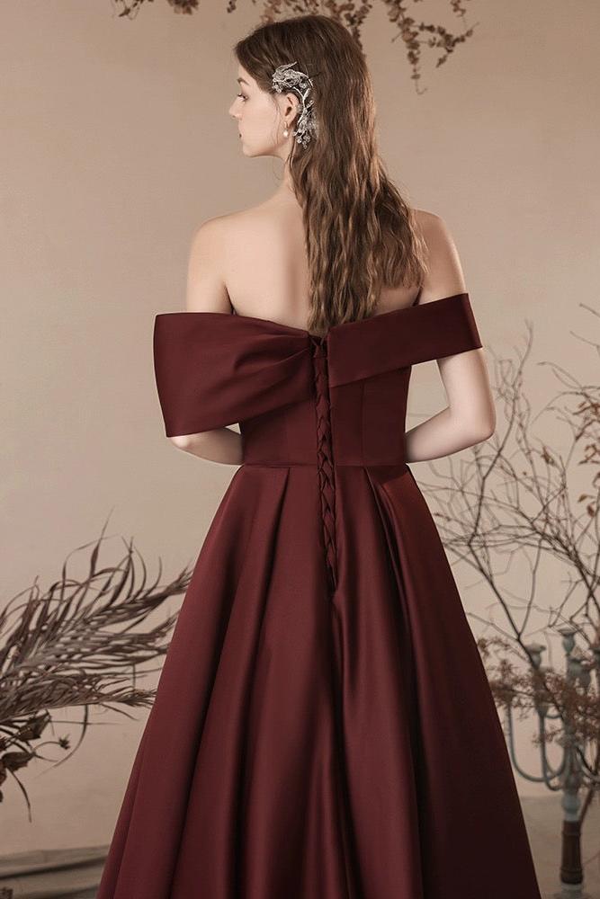 A Line Off the Shoulder Satin Burgundy Prom Dress Long Formal Evening Dress