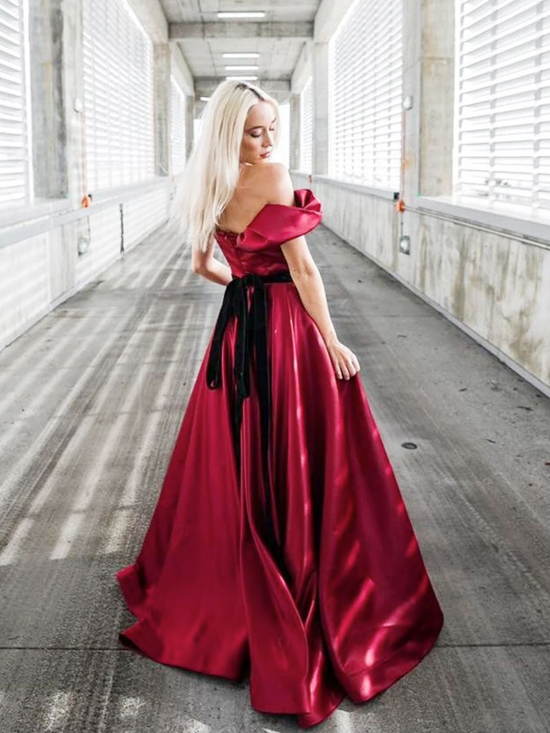 A Line Off the Shoulder Satin Burgundy Prom Dress Long Formal Gown Evening Dress