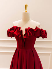 A Line Off the Shoulder Satin Burgundy Prom Dress Long Formal Gown Evening Dress