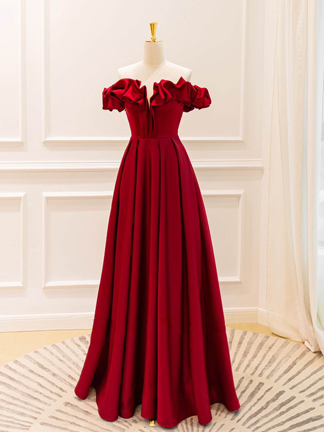 A Line Off the Shoulder Satin Burgundy Prom Dress Long Formal Gown Evening Dress