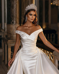 A Line Off the Shoulder Sweetheart Backless Satin Wedding Dress with Ruffles and Appliques