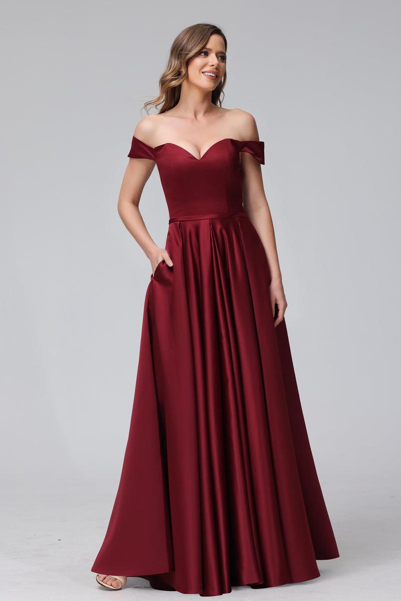 A-Line Off-the-Shoulder Sweetheart Satin Maxi Dresses with Pockets