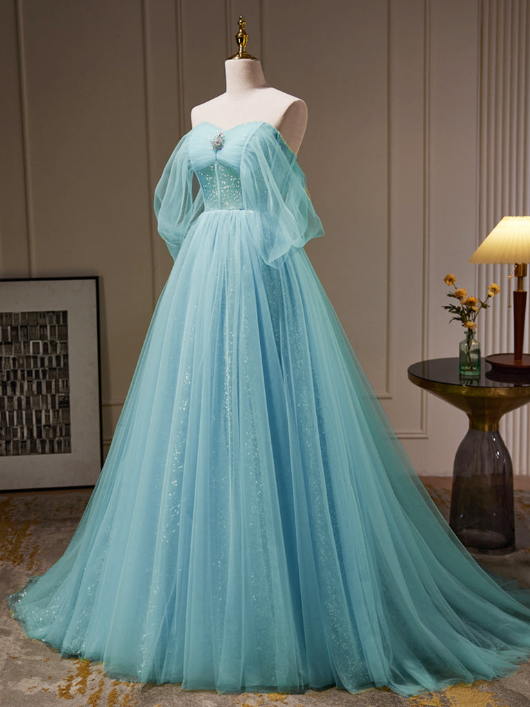 A Line Off the Shoulder Tulle Blue Prom Dress Long Formal Gown Evening Dress