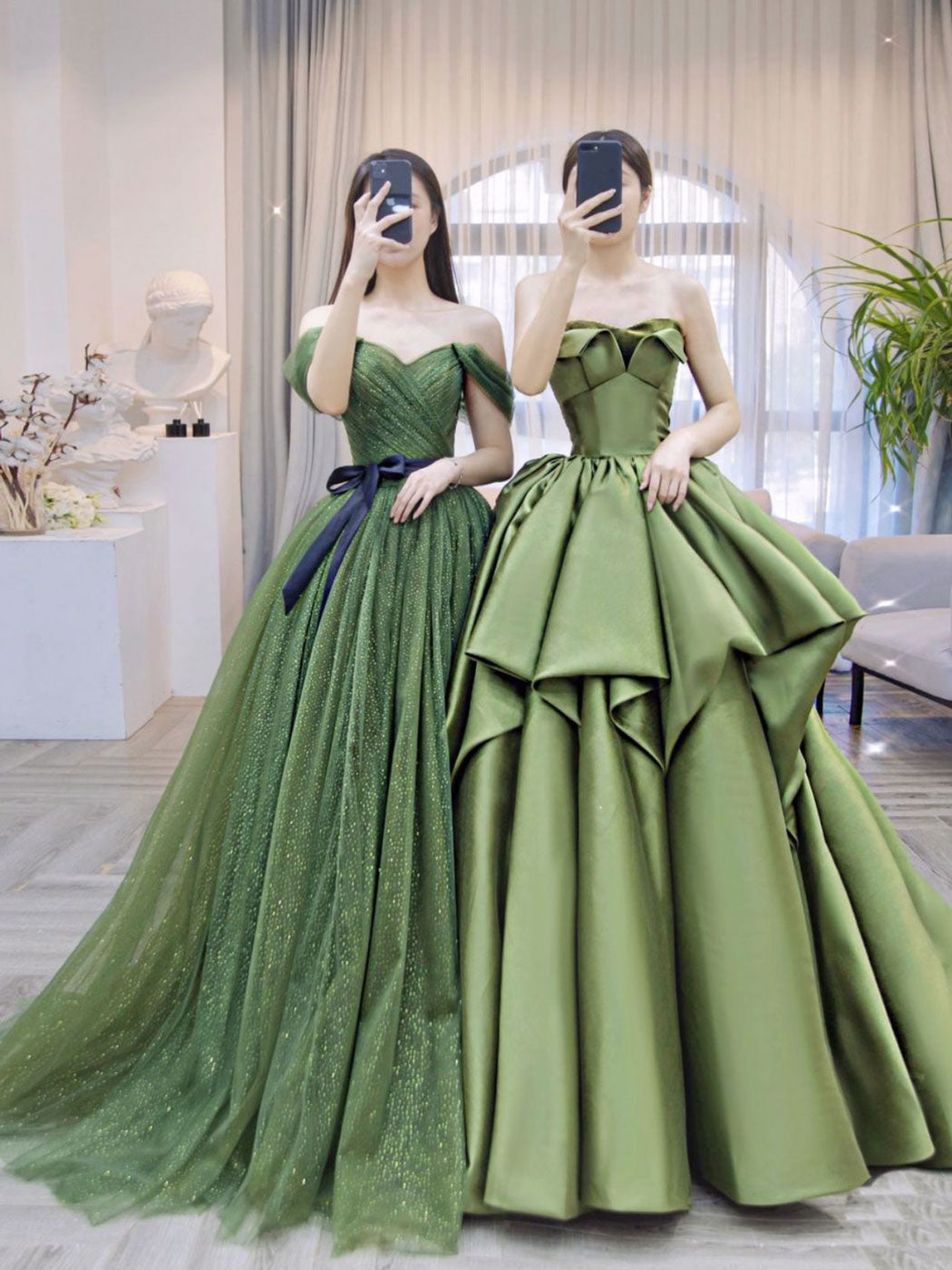 A Line Off the Shoulder Tulle Green Prom Dress Long Formal Dress Evening Dress