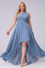 A-Line One-Shoulder Sleeveless Chiffon High Low Plus Size Bridesmaid Dresses with Pockets