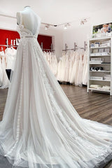 A Line Open Back Tulle Lace Wedding Dress with Ruffles