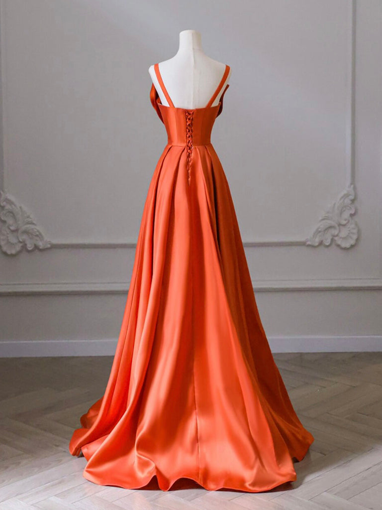 A Line Orange Prom Dress Satin Long Formal Gown Evening Dress