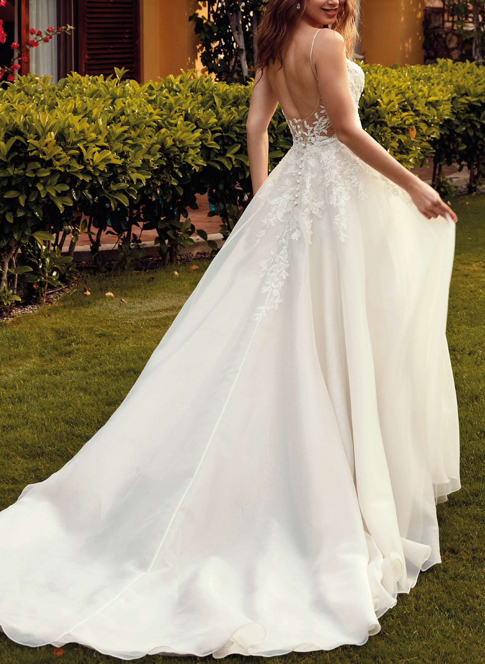 A Line Organza Wedding Dress with Lace Detail and Open Back