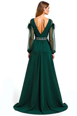 A Line Pine V-Neck Long Formal Dress With Feather