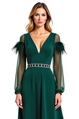 A Line Pine V-Neck Long Formal Dress With Feather