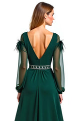 A Line Pine V-Neck Long Formal Dress With Feather