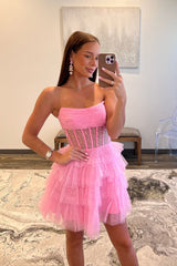 A-Line Pink Homecoming Dress Corset Tiered Tulle Short Prom Dress