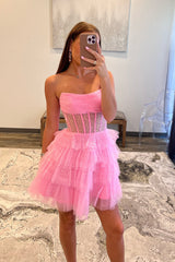 A-Line Pink Homecoming Dress Corset Tiered Tulle Short Prom Dress