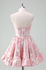 A Line Pink Homecoming Dress Strapless Corset Floral Short Prom Dress
