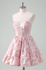 A Line Pink Homecoming Dress Strapless Corset Floral Short Prom Dress