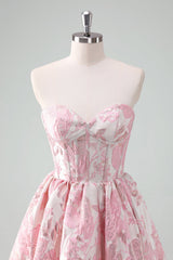 A Line Pink Homecoming Dress Strapless Corset Floral Short Prom Dress