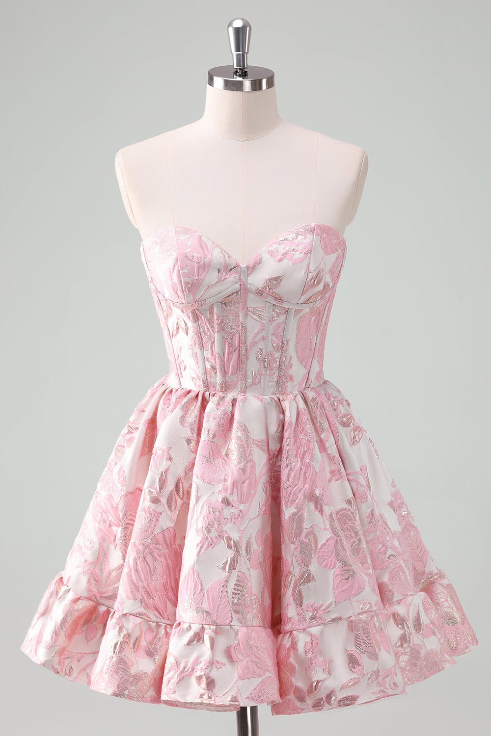 A Line Pink Homecoming Dress Strapless Corset Floral Short Prom Dress