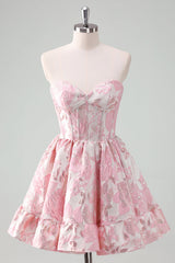 A Line Pink Homecoming Dress Strapless Corset Floral Short Prom Dress