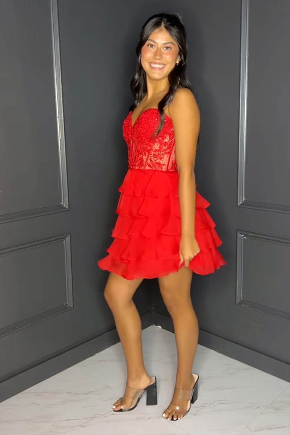 A Line Pink Homecoming Dresses Strapless Corset Short Cocktail Dresses with Ruffles