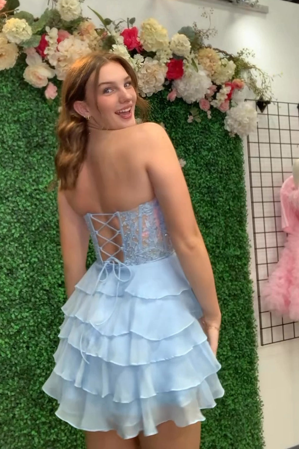 A Line Pink Homecoming Dresses Strapless Corset Short Cocktail Dresses with Ruffles