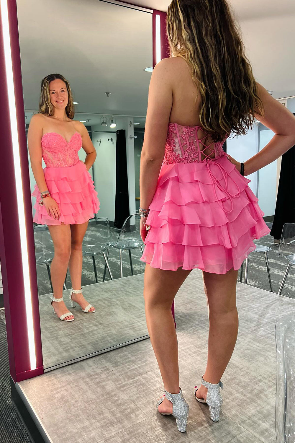 A Line Pink Homecoming Dresses Strapless Corset Short Cocktail Dresses with Ruffles