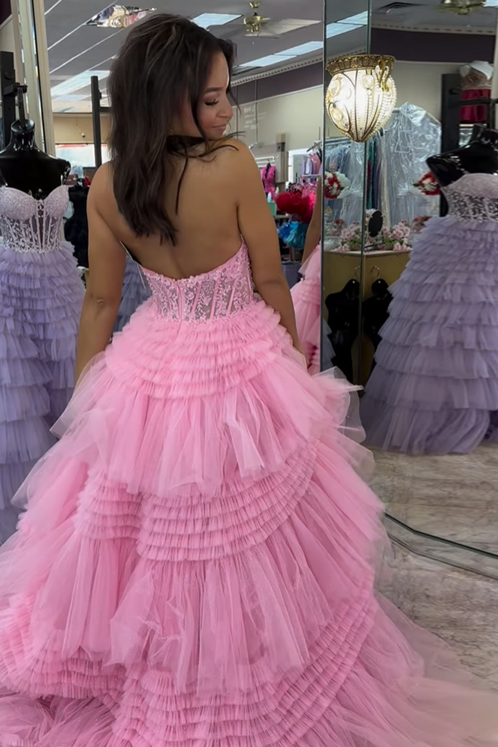 A-Line Pink Prom Dress Halter Neck Corset Tulle Long Formal Dress with Appliques