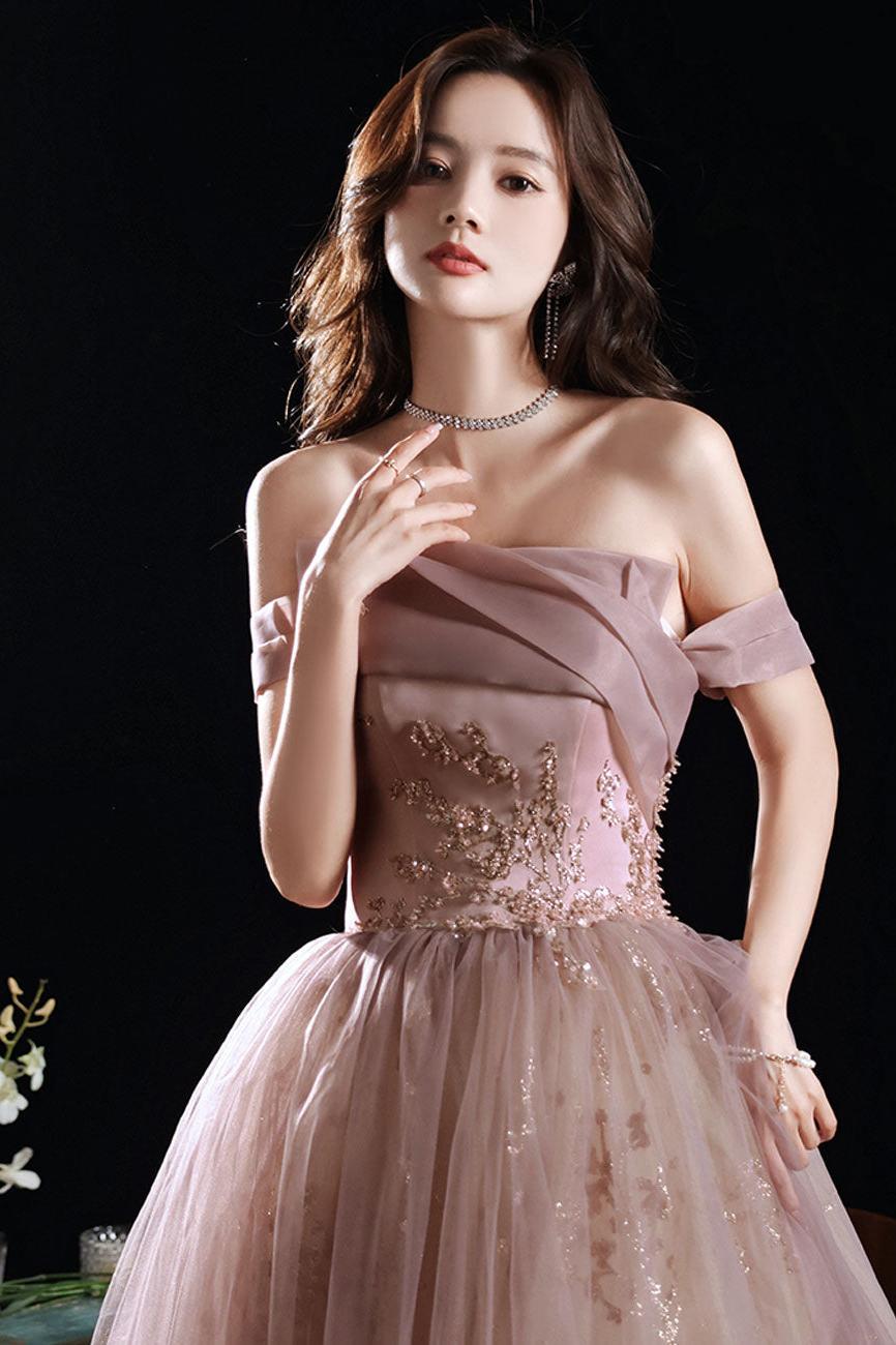 A Line Pink Prom Dress Long Formal Lace Sequined Evening Dress