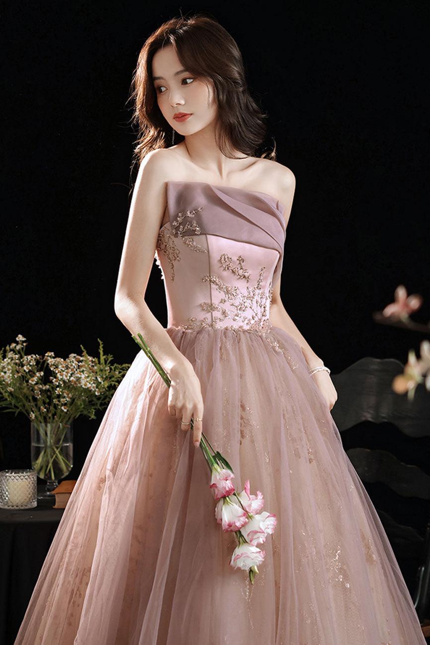 A Line Pink Prom Dress Long Formal Lace Sequined Evening Dress