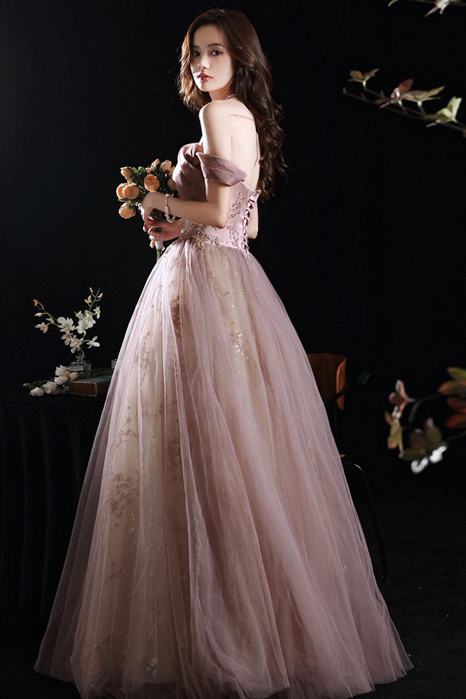 A Line Pink Prom Dress Long Formal Lace Sequined Evening Dress