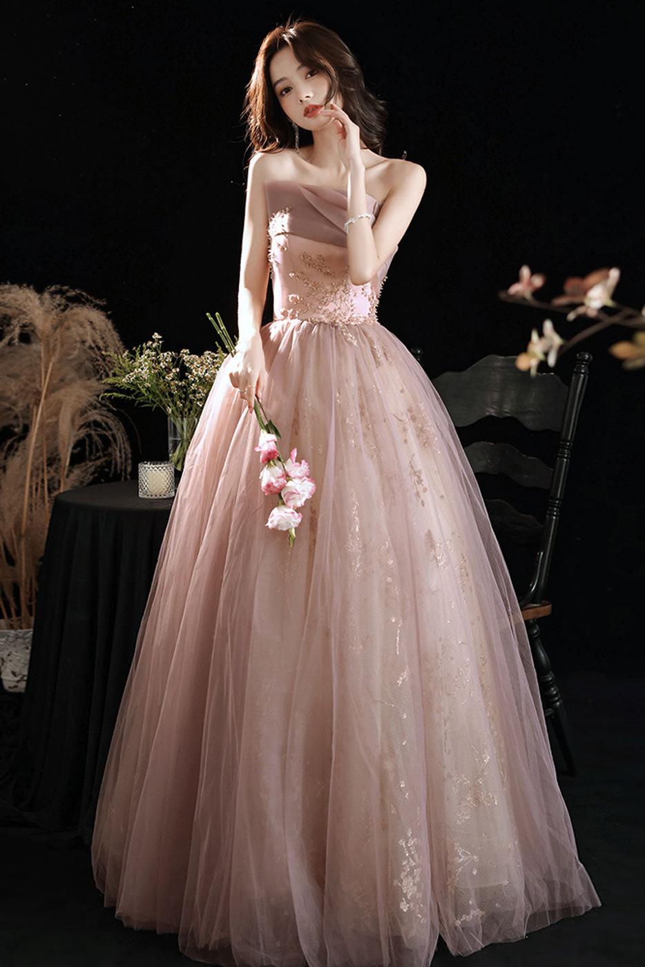 A Line Pink Prom Dress Long Formal Lace Sequined Evening Dress