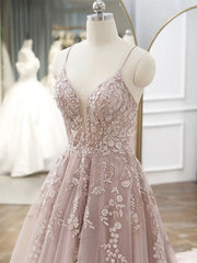 A Line Pink Prom Dress Tulle Lace Long Formal Gown Evening Dress