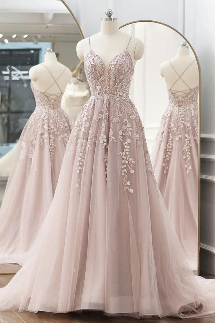 A Line Pink Prom Dress Tulle Lace Long Formal Gown Evening Dress