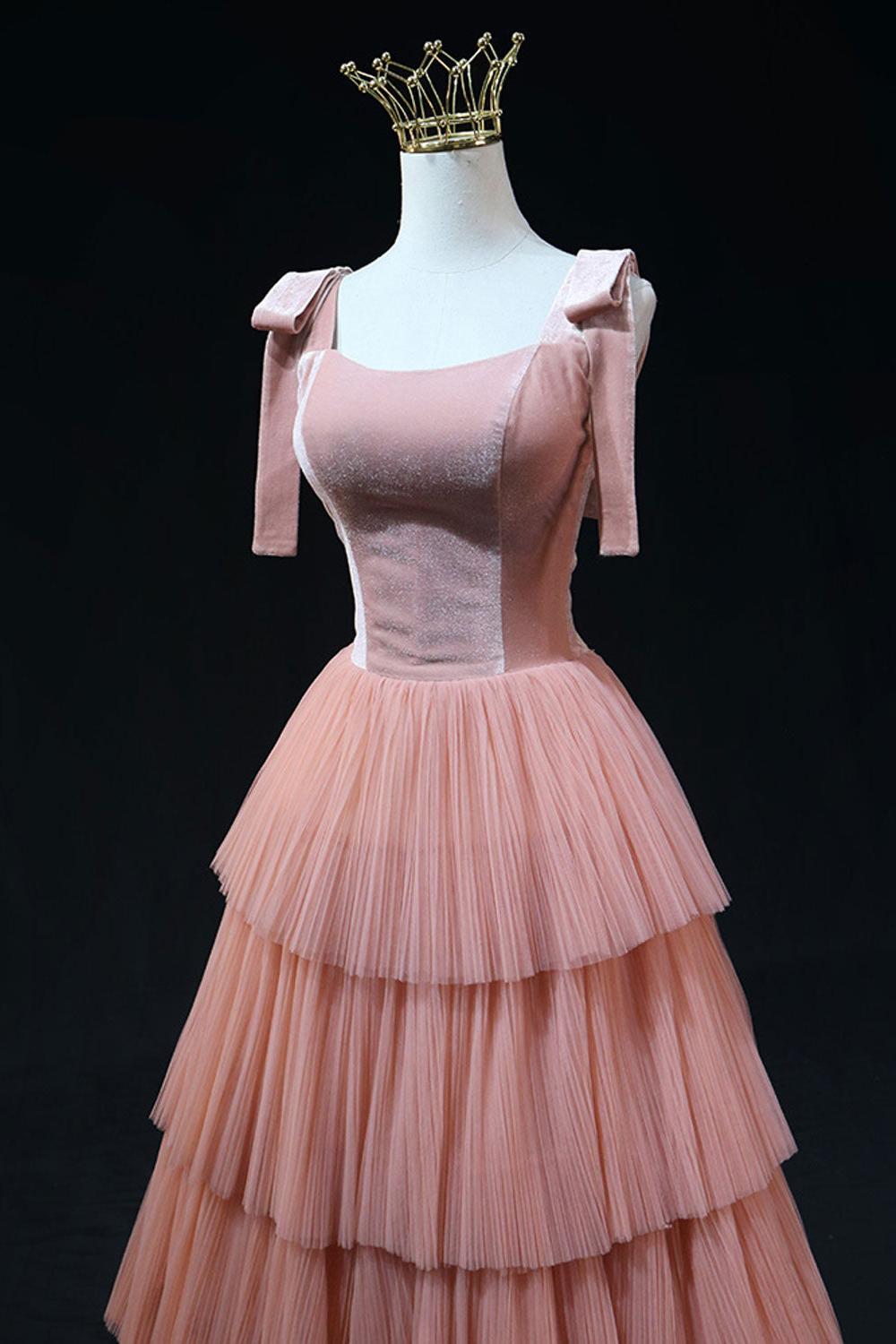 A Line Pink Prom Dress Tulle Long Formal Evening Dress