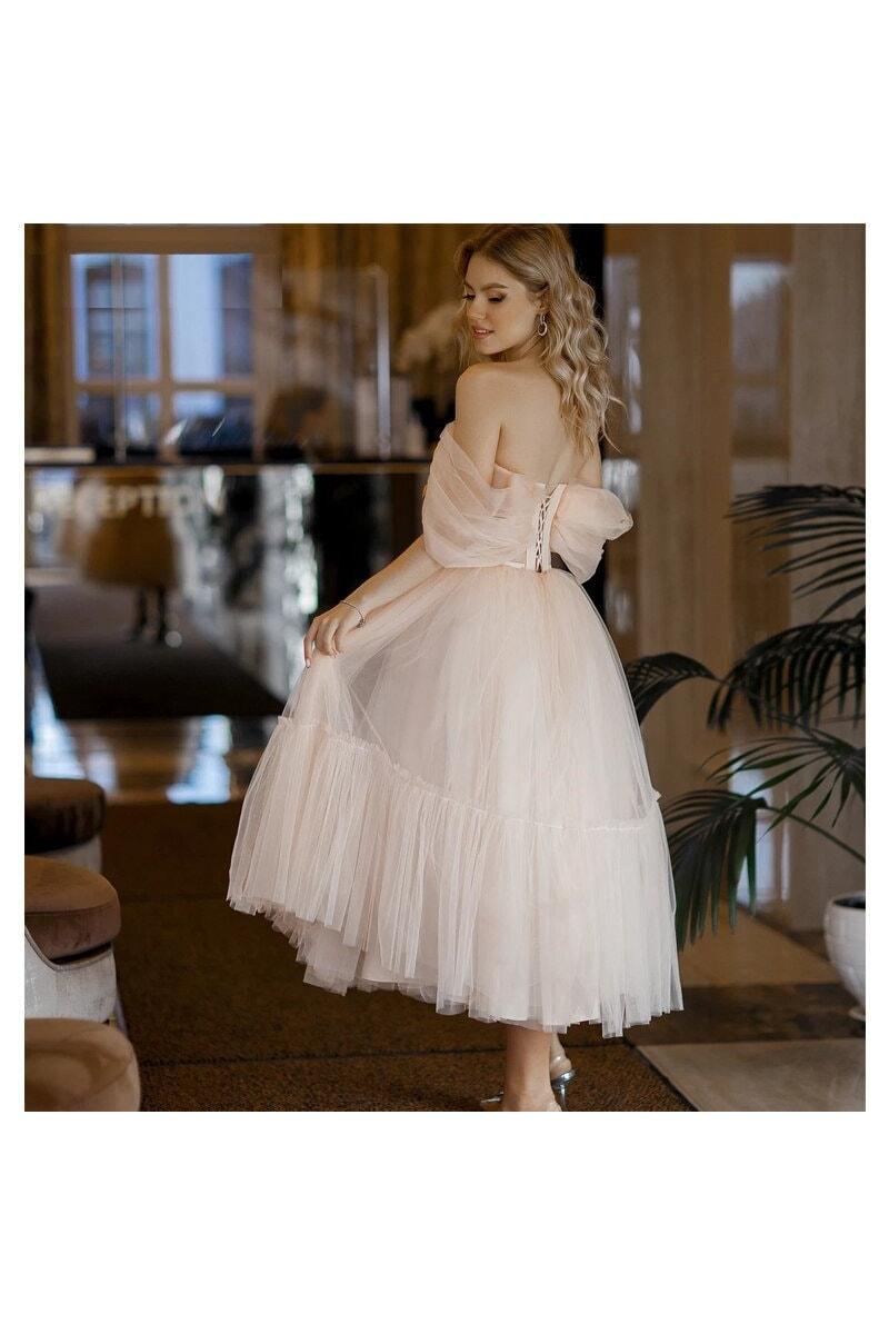 A Line Pink Prom Dress Tulle Tea Length Evening Dress