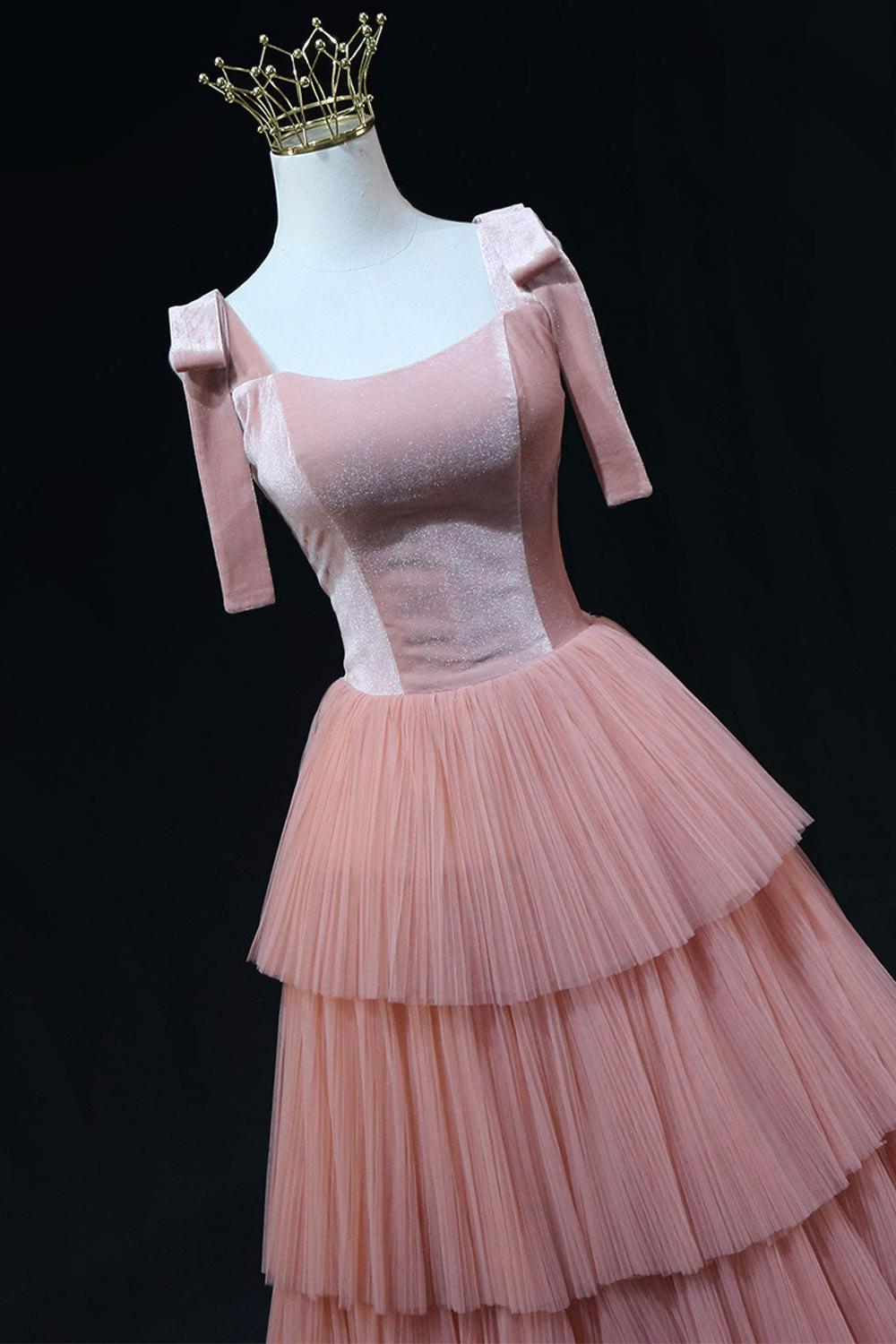 A Line Pink Velvet Formal Dress Tulle Long Christmas Party Dress