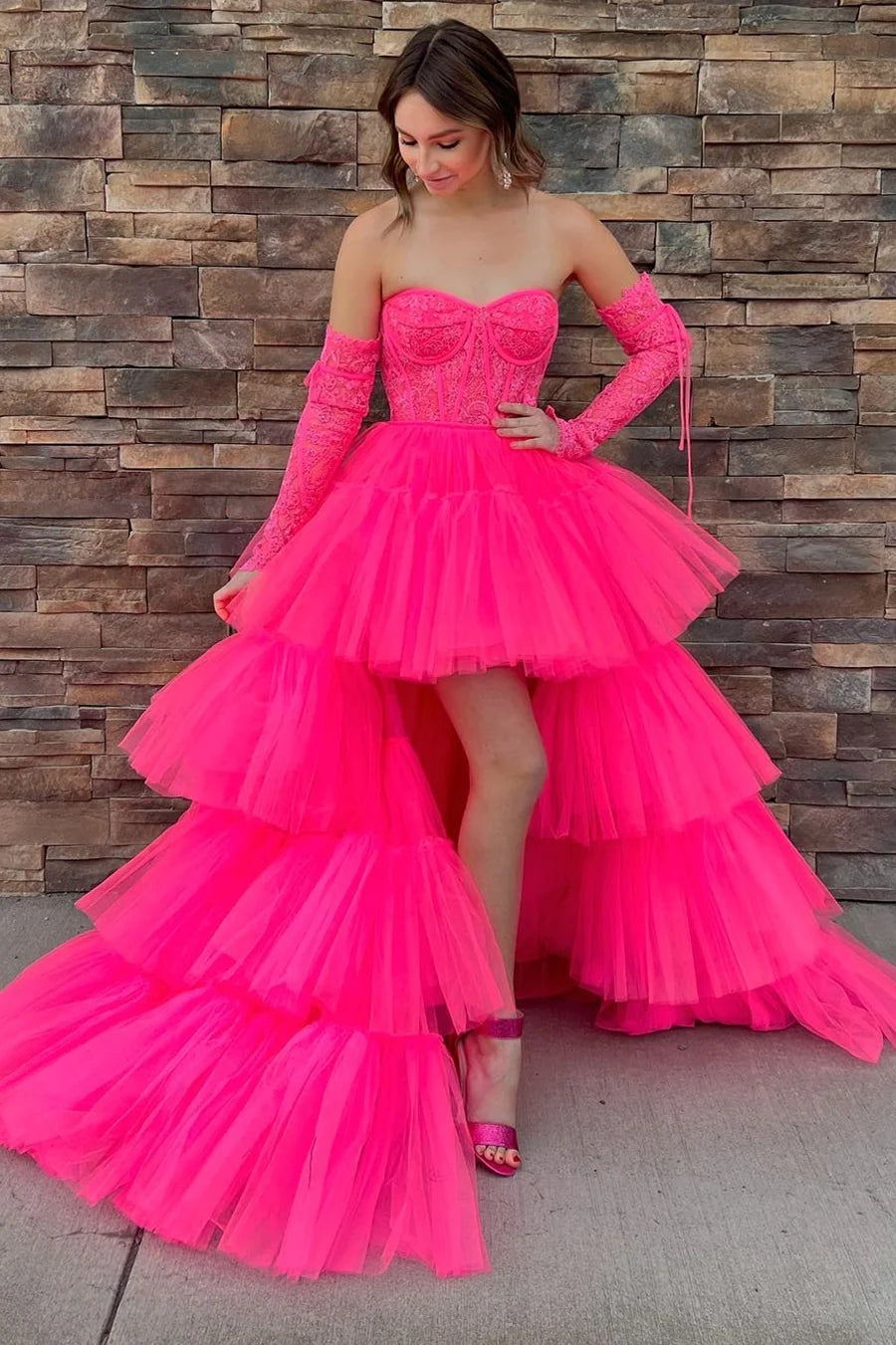 A Line Prom Dress Asymmetrical Strapless Tiered Tulle Evening Dress