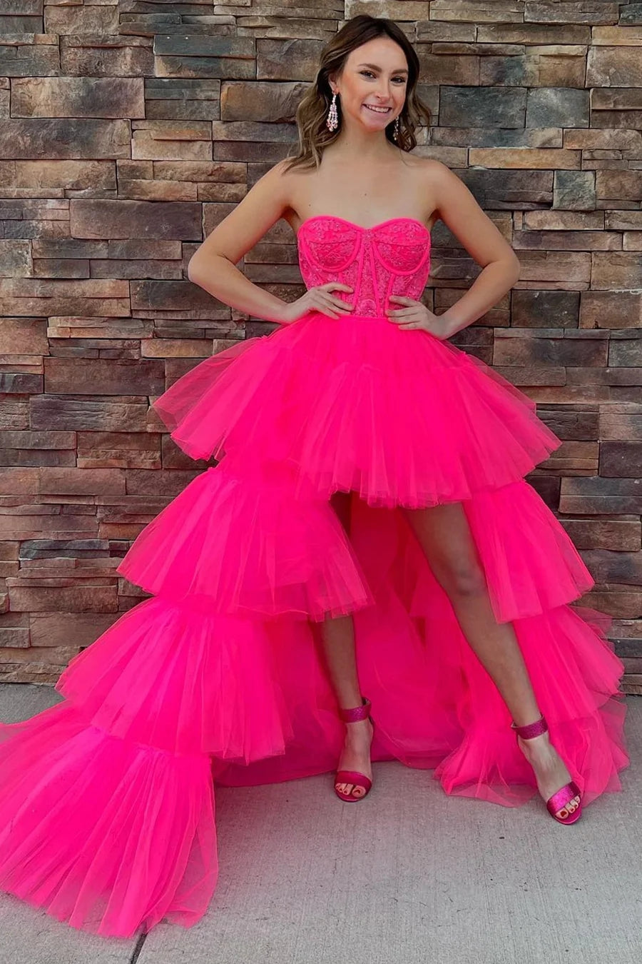 A Line Prom Dress Asymmetrical Strapless Tiered Tulle Evening Dress