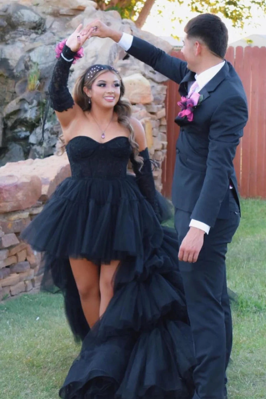 A Line Prom Dress Asymmetrical Strapless Tiered Tulle Evening Dress